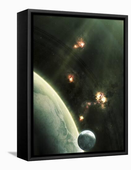 Artist's Concept of a Large Barren World and its Companion Moon-Stocktrek Images-Framed Premier Image Canvas