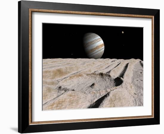 Artist's Concept of an Impact Crater on Jupiter's Moon Ganymede, with Jupiter on the Horizon-Stocktrek Images-Framed Photographic Print