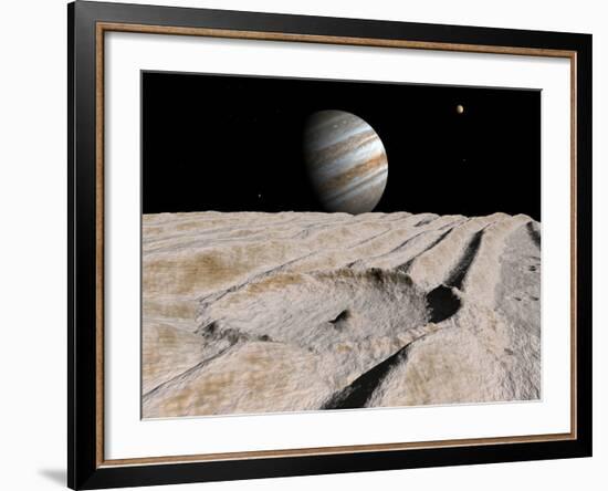 Artist's Concept of an Impact Crater on Jupiter's Moon Ganymede, with Jupiter on the Horizon-Stocktrek Images-Framed Photographic Print