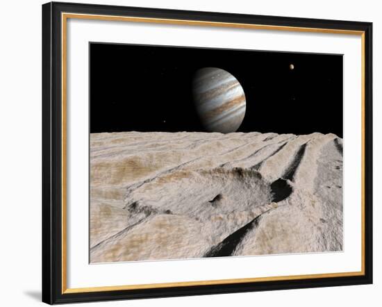 Artist's Concept of an Impact Crater on Jupiter's Moon Ganymede, with Jupiter on the Horizon-Stocktrek Images-Framed Photographic Print