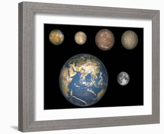 Artist's Concept of Jupiter's Four Largest Satellites Laid Out Above the Earth and it's Moon-Stocktrek Images-Framed Photographic Print