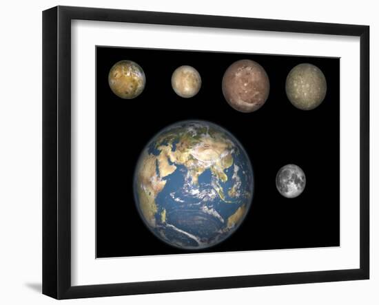 Artist's Concept of Jupiter's Four Largest Satellites Laid Out Above the Earth and it's Moon-Stocktrek Images-Framed Photographic Print