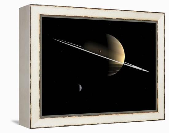 Artist's Concept of Saturn and its Moons Dione and Tethys-Stocktrek Images-Framed Premier Image Canvas
