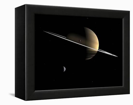 Artist's Concept of Saturn and its Moons Dione and Tethys-Stocktrek Images-Framed Premier Image Canvas