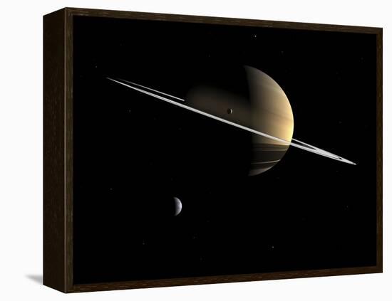 Artist's Concept of Saturn and its Moons Dione and Tethys-Stocktrek Images-Framed Premier Image Canvas