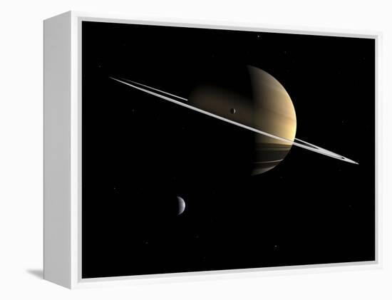 Artist's Concept of Saturn and its Moons Dione and Tethys-Stocktrek Images-Framed Premier Image Canvas