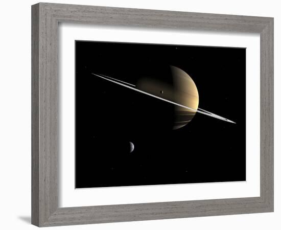 Artist's Concept of Saturn and its Moons Dione and Tethys-Stocktrek Images-Framed Photographic Print