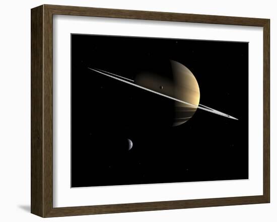 Artist's Concept of Saturn and its Moons Dione and Tethys-Stocktrek Images-Framed Photographic Print