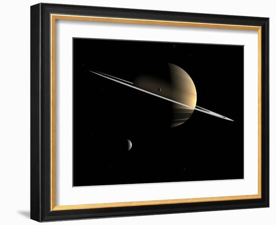 Artist's Concept of Saturn and its Moons Dione and Tethys-Stocktrek Images-Framed Photographic Print