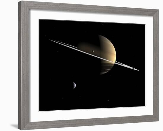 Artist's Concept of Saturn and its Moons Dione and Tethys-Stocktrek Images-Framed Photographic Print