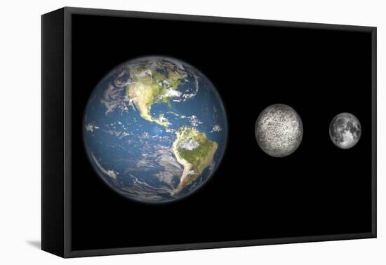 Artist's Concept of the Earth, Mercury, and Earth's Moon to Scale-Stocktrek Images-Framed Stretched Canvas