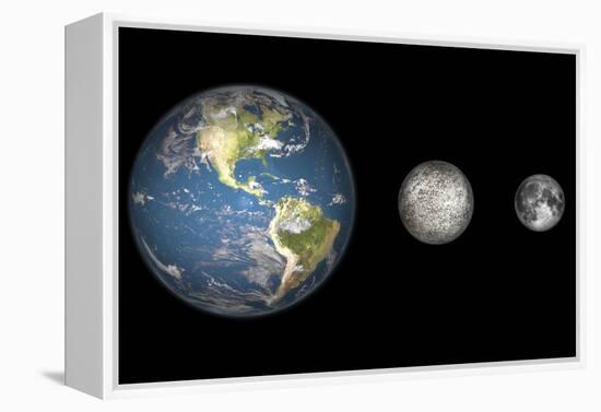 Artist's Concept of the Earth, Mercury, and Earth's Moon to Scale-Stocktrek Images-Framed Stretched Canvas