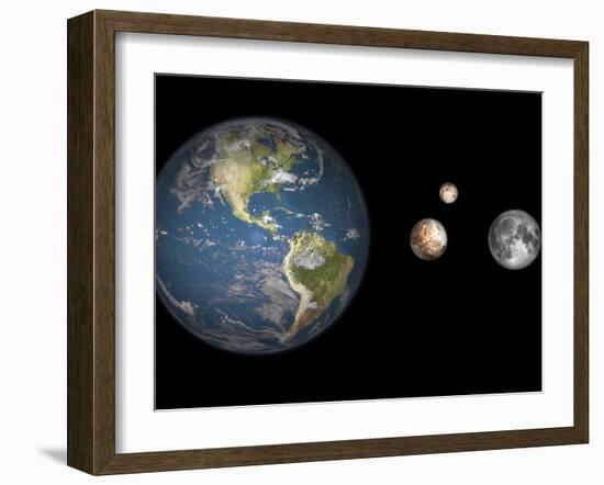 Artist's Concept of the Earth, Pluto, Charon, and Earth's Moon to Scale-Stocktrek Images-Framed Photographic Print