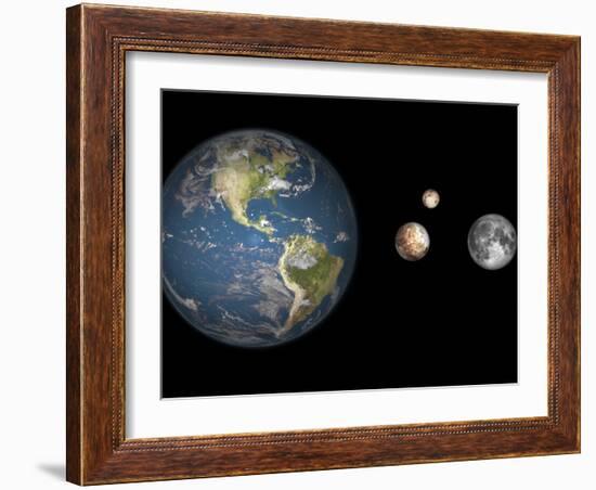 Artist's Concept of the Earth, Pluto, Charon, and Earth's Moon to Scale-Stocktrek Images-Framed Photographic Print