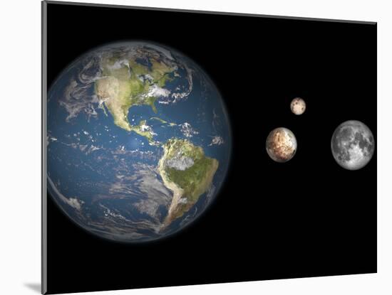 Artist's Concept of the Earth, Pluto, Charon, and Earth's Moon to Scale-Stocktrek Images-Mounted Photographic Print
