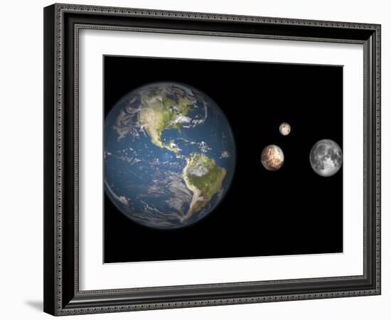 Artist's Concept of the Earth, Pluto, Charon, and Earth's Moon to Scale-Stocktrek Images-Framed Photographic Print