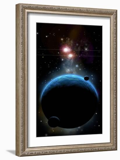 Artist's Depiction of a Blue Planet and it's Orbiting Small Moons-null-Framed Art Print