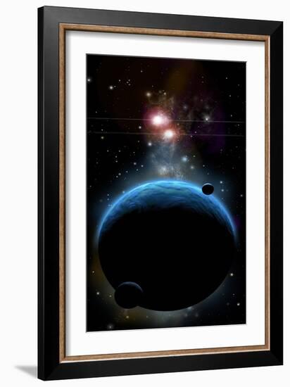 Artist's Depiction of a Blue Planet and it's Orbiting Small Moons-null-Framed Art Print