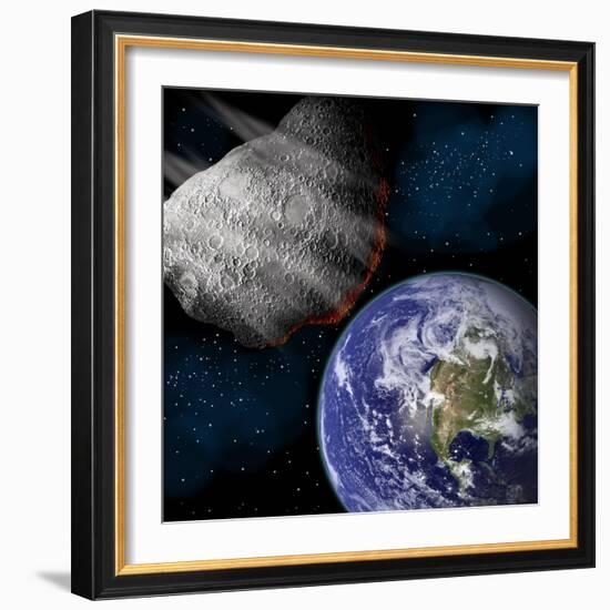 Artist's Depiction of a Large Asteroid Approaching Earth on a Collision Course-null-Framed Art Print