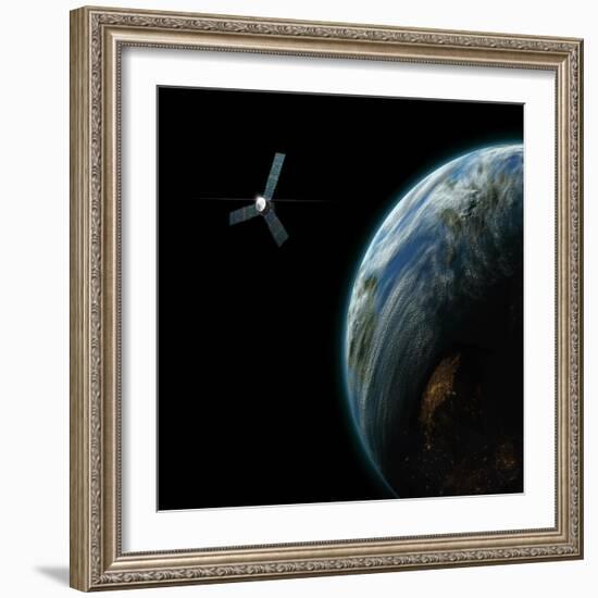 Artist's Depiction of a Satellite in Orbit around an Earth-Like Inhabited World-null-Framed Art Print