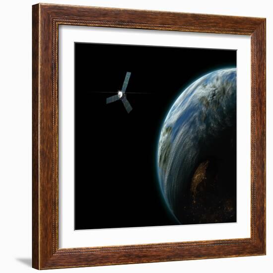 Artist's Depiction of a Satellite in Orbit around an Earth-Like Inhabited World-null-Framed Art Print