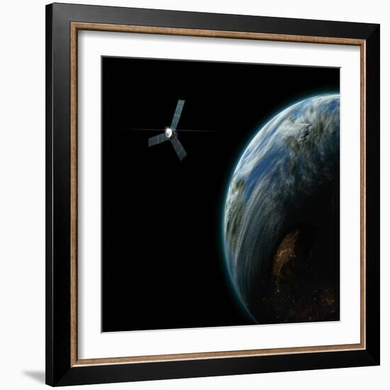 Artist's Depiction of a Satellite in Orbit around an Earth-Like Inhabited World-null-Framed Art Print