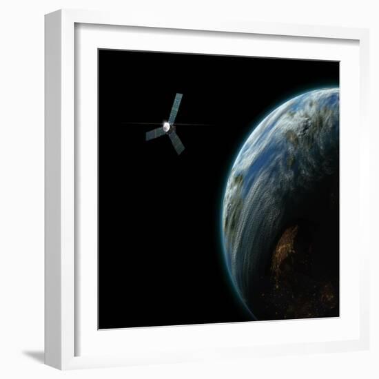 Artist's Depiction of a Satellite in Orbit around an Earth-Like Inhabited World-null-Framed Art Print