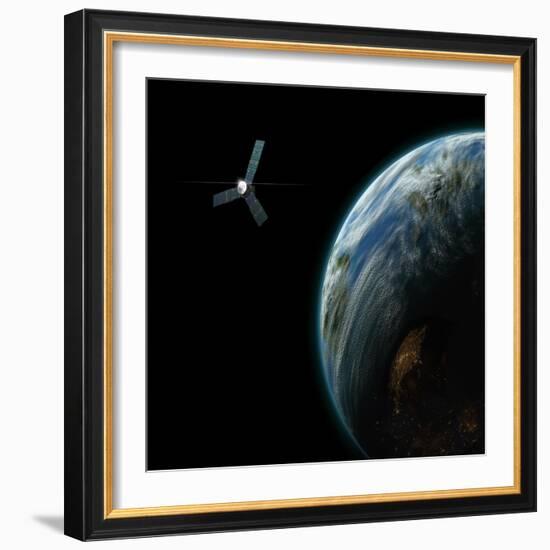 Artist's Depiction of a Satellite in Orbit around an Earth-Like Inhabited World-null-Framed Art Print