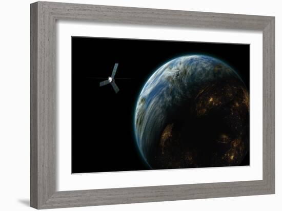 Artist's Depiction of a Satellite in Orbit around an Earth-Like Inhabited World-null-Framed Art Print