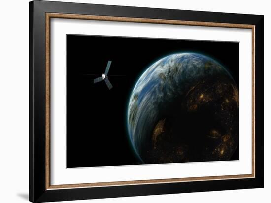 Artist's Depiction of a Satellite in Orbit around an Earth-Like Inhabited World-null-Framed Art Print