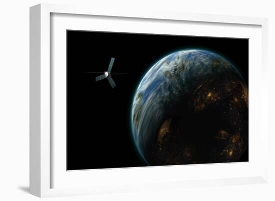 Artist's Depiction of a Satellite in Orbit around an Earth-Like Inhabited World-null-Framed Art Print