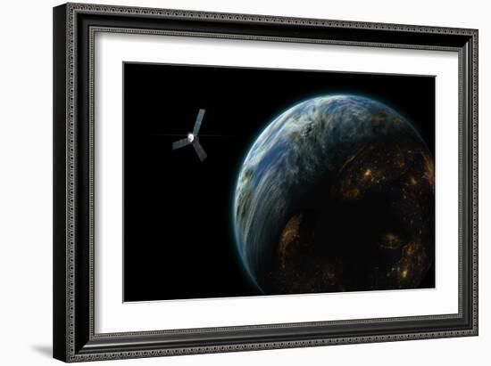 Artist's Depiction of a Satellite in Orbit around an Earth-Like Inhabited World-null-Framed Art Print