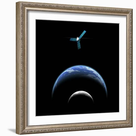 Artist's Depiction of a Satellite in Orbit around an Earth-Like World and Moon-null-Framed Art Print