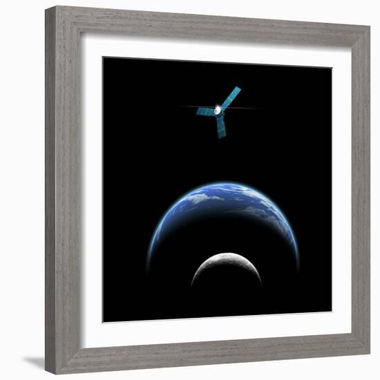 Artist's Depiction of a Satellite in Orbit around an Earth-Like World and Moon-null-Framed Art Print