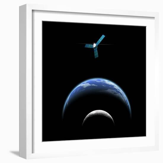 Artist's Depiction of a Satellite in Orbit around an Earth-Like World and Moon-null-Framed Art Print