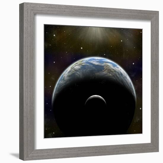 Artist's Depiction of an Earth-Like Planet with it's Orbiting Moon-null-Framed Art Print