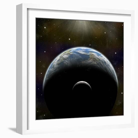 Artist's Depiction of an Earth-Like Planet with it's Orbiting Moon-null-Framed Art Print