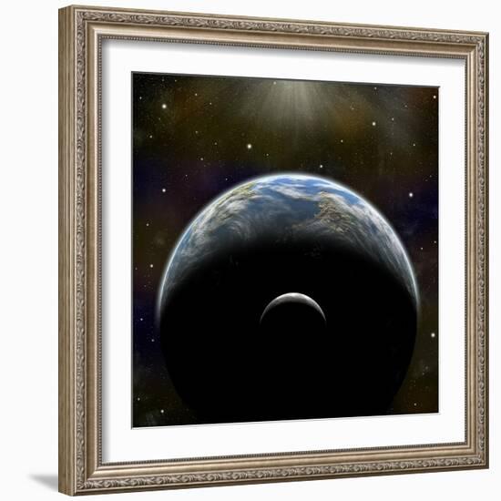 Artist's Depiction of an Earth-Like Planet with it's Orbiting Moon-null-Framed Premium Giclee Print