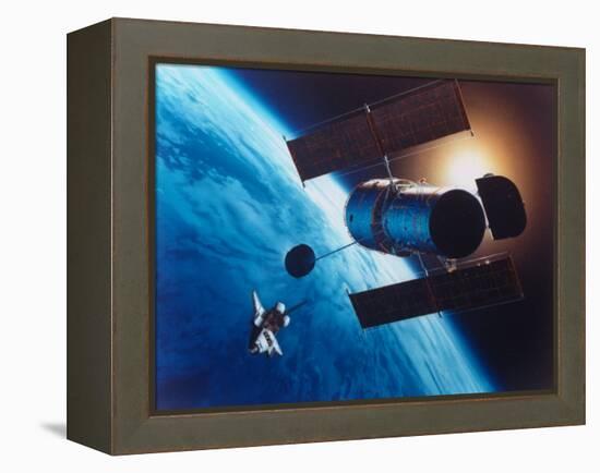 Artist's Rendering of Fully Deployed Hubble Space Telescope with Shuttle Orbiter in Vicinity-null-Framed Premier Image Canvas