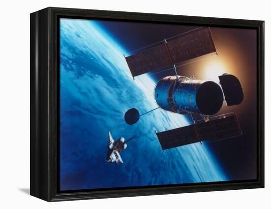 Artist's Rendering of Fully Deployed Hubble Space Telescope with Shuttle Orbiter in Vicinity-null-Framed Premier Image Canvas