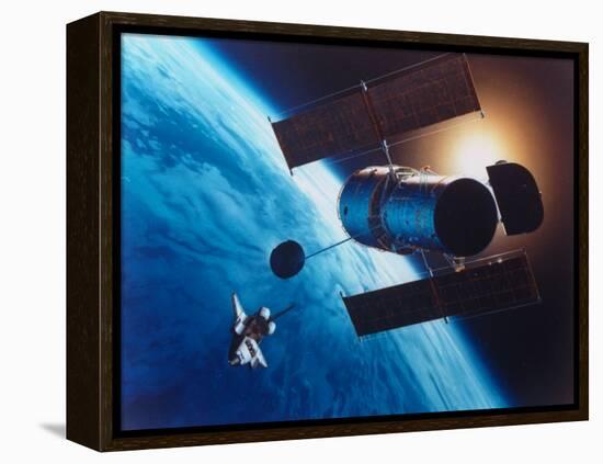 Artist's Rendering of Fully Deployed Hubble Space Telescope with Shuttle Orbiter in Vicinity-null-Framed Premier Image Canvas