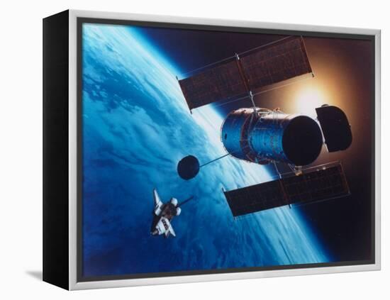 Artist's Rendering of Fully Deployed Hubble Space Telescope with Shuttle Orbiter in Vicinity-null-Framed Premier Image Canvas