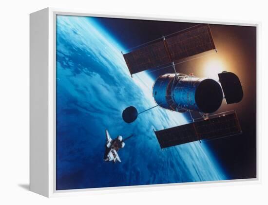 Artist's Rendering of Fully Deployed Hubble Space Telescope with Shuttle Orbiter in Vicinity-null-Framed Premier Image Canvas