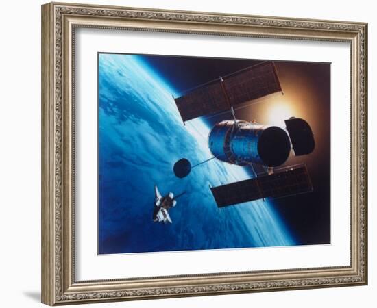 Artist's Rendering of Fully Deployed Hubble Space Telescope with Shuttle Orbiter in Vicinity-null-Framed Photographic Print