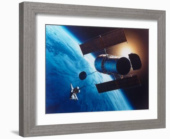 Artist's Rendering of Fully Deployed Hubble Space Telescope with Shuttle Orbiter in Vicinity-null-Framed Photographic Print