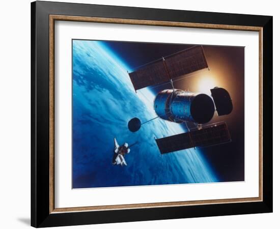 Artist's Rendering of Fully Deployed Hubble Space Telescope with Shuttle Orbiter in Vicinity-null-Framed Photographic Print