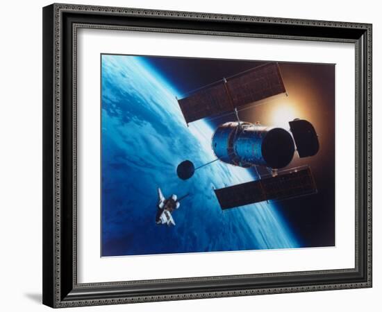 Artist's Rendering of Fully Deployed Hubble Space Telescope with Shuttle Orbiter in Vicinity-null-Framed Photographic Print