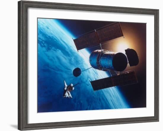 Artist's Rendering of Fully Deployed Hubble Space Telescope with Shuttle Orbiter in Vicinity-null-Framed Photographic Print