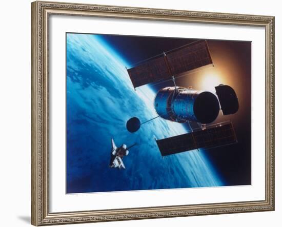 Artist's Rendering of Fully Deployed Hubble Space Telescope with Shuttle Orbiter in Vicinity-null-Framed Photographic Print