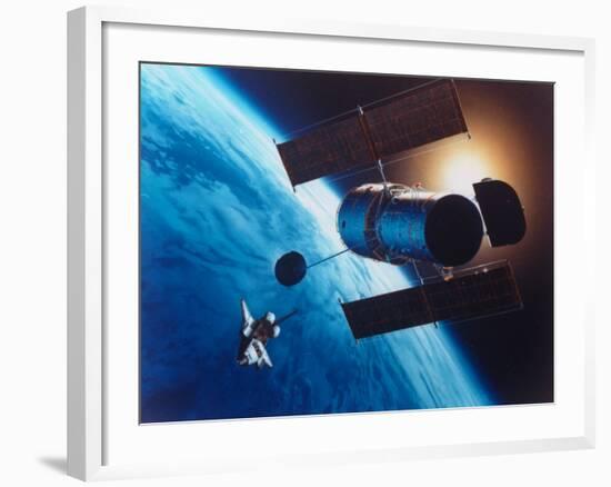 Artist's Rendering of Fully Deployed Hubble Space Telescope with Shuttle Orbiter in Vicinity-null-Framed Photographic Print